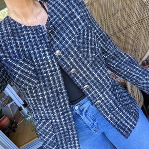 Karl Lagerfeld Paris 14 Navy Tweed Blazer Luxury Navy Jacket Preppy Knit Classic